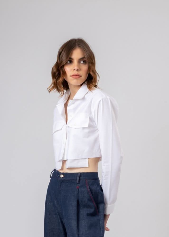 A Model Wearing White Upcycled Cotton Austin White Shirt, curated by Only Ethikal
