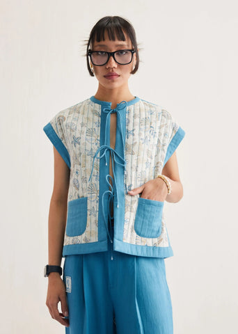 A Model Wearing Blue Handwoven Cotton The Tidal Cotton Blue Reversible Vest , curated by Only Ethikal