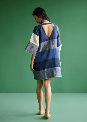 Lina Color-Blocked Linen Dress- Navy