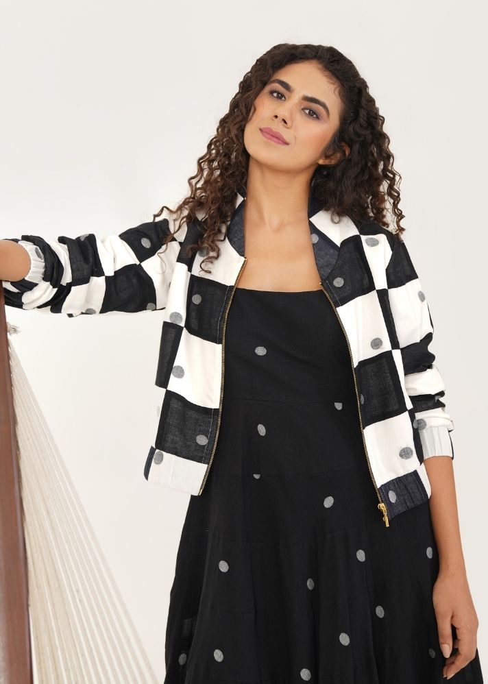 A Model Wearing Multicolor Handwoven Cotton Olivia Jacket , curated by Only Ethikal