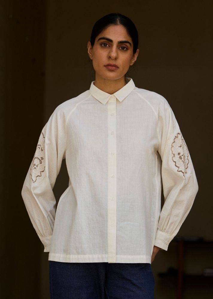 A Model Wearing White Handwoven Cotton Yeji Handwoven Embroidered Shirt , curated by Only Ethikal