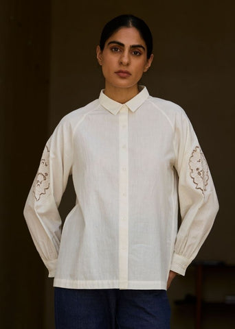 A Model Wearing White Handwoven Cotton Yeji Handwoven Embroidered Shirt , curated by Only Ethikal