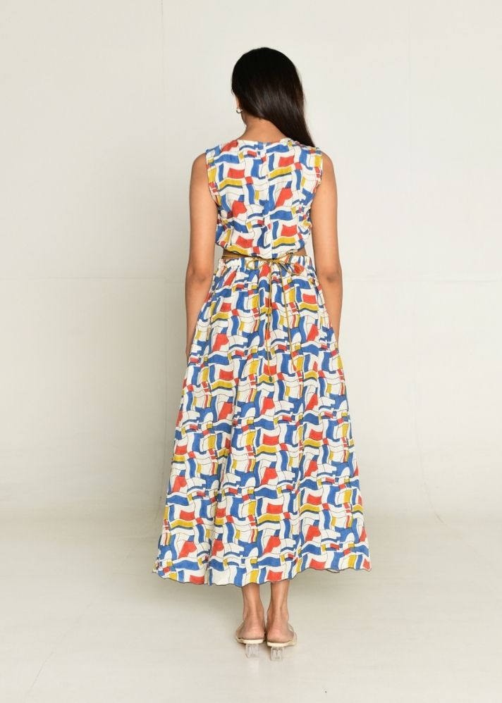 A Model Wearing Multicolor Linen tencil Escher Side Cut Dress, curated by Only Ethikal