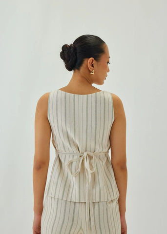 Linen Off White Striped Square Neck Waistcoat