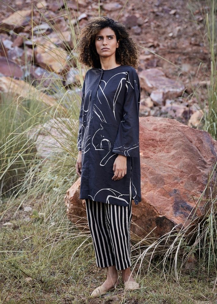 A Model Wearing Black Pure Cotton Under the Moon Co-ord Set,curated by Only Ethikal