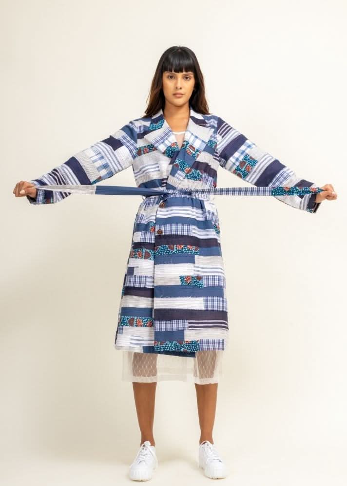 A Model Wearing Multicolor Upcycled Cotton Sky Patchwork Trench, curated by Only Ethikal