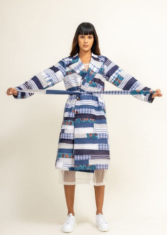 A Model Wearing Multicolor Upcycled Cotton Sky Patchwork Trench, curated by Only Ethikal