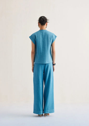 A Model Wearing Blue Handwoven Cotton The Tidal Cotton Blue Reversible Vest , curated by Only Ethikal