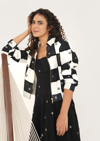 A Model Wearing Multicolor Handwoven Cotton Olivia Jacket , curated by Only Ethikal