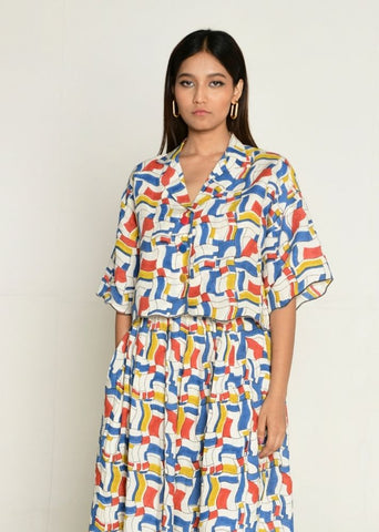 A Model Wearing Multicolor Linen tencil Escher  Co-Ord Shirt With Skirt, curated by Only Ethikal