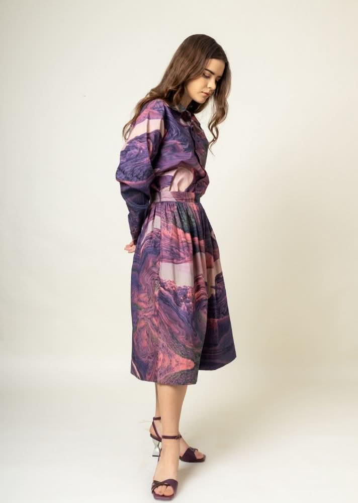 A Model Wearing Multicolor Upcycled Cotton Jean Printed Skirt, curated by Only Ethikal