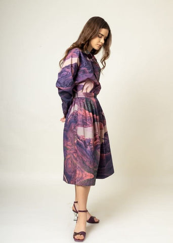 A Model Wearing Multicolor Upcycled Cotton Jean Printed Skirt, curated by Only Ethikal