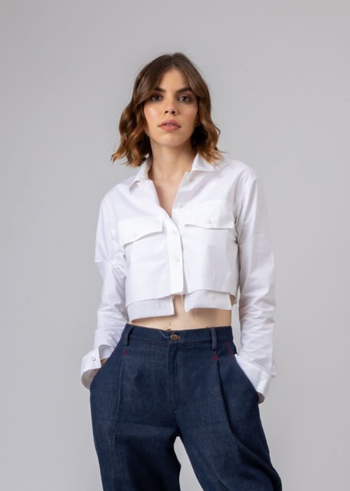 A Model Wearing White Upcycled Cotton Austin White Shirt, curated by Only Ethikal