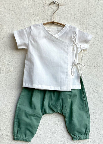 Unisex Organic Essential White Angrakha Top & Mint Pants