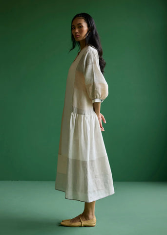 Nura Metallic Linen Paneled Dress- Ivory