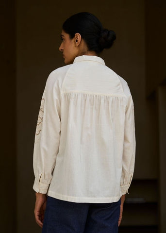 A Model Wearing White Handwoven Cotton Yeji Handwoven Embroidered Shirt , curated by Only Ethikal