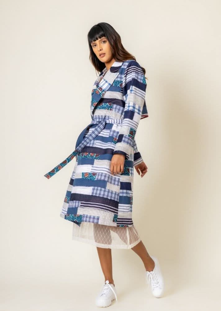 A Model Wearing Multicolor Upcycled Cotton Sky Patchwork Trench, curated by Only Ethikal