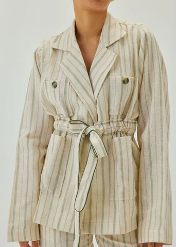 Linen Off White Cinched-Waist Striped Jacket