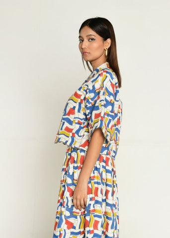 A Model Wearing Multicolor Linen tencil Escher  Co-Ord Shirt With Skirt, curated by Only Ethikal
