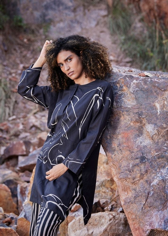 A Model Wearing Black Pure Cotton Under the Moon Co-ord Set,curated by Only Ethikal