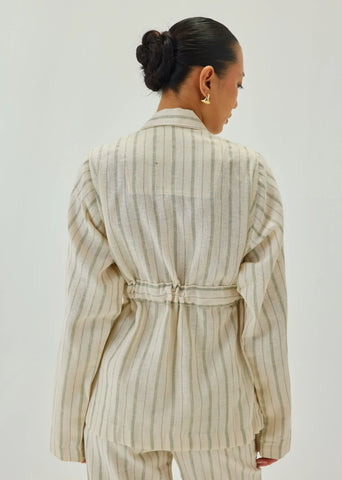 Linen Off White Cinched-Waist Striped Jacket