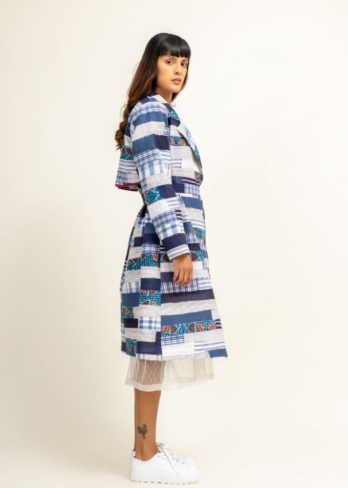 A Model Wearing Multicolor Upcycled Cotton Sky Patchwork Trench, curated by Only Ethikal