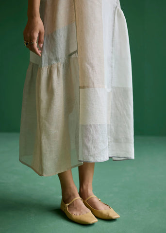 Nura Metallic Linen Paneled Dress- Ivory