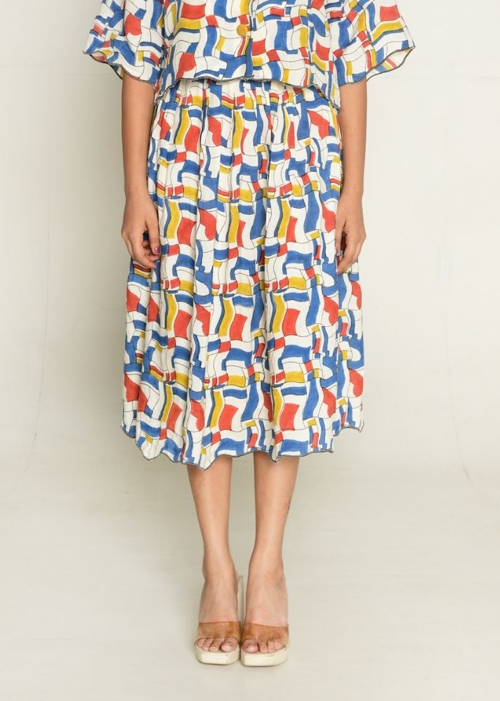 A Model Wearing Multicolor Linen tencil Escher  Co-Ord Shirt With Skirt, curated by Only Ethikal
