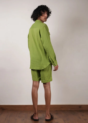 Men'S Green Crush Cotton Pocket Shirt & Shorts Set (2 Pcs)