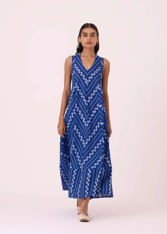 A Model Wearing Multicolor Handwoven Cotton Nikol Blue Striped Ikat Dress, curated by Only Ethikal