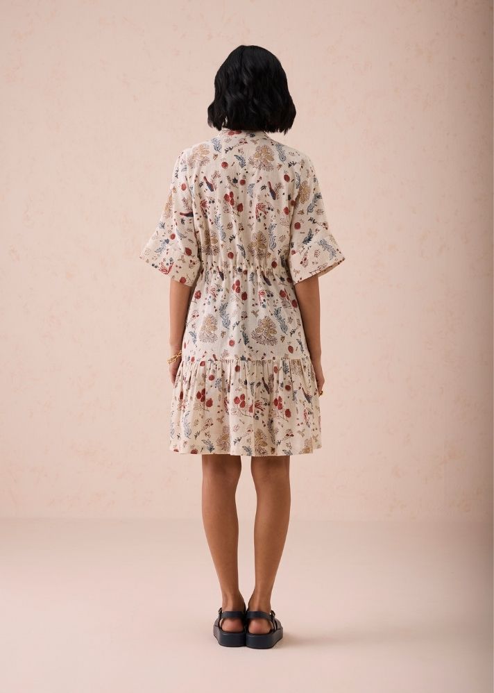 A Model Wearing White Handwoven Cotton Forest Bloom Kala Cotton Dress, curated by Only Ethikal