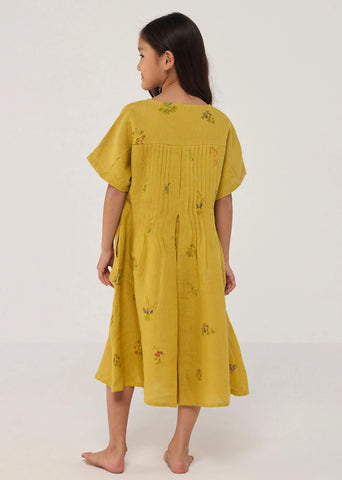Kids Rasa Floral Printed Linen Dress- Ochre