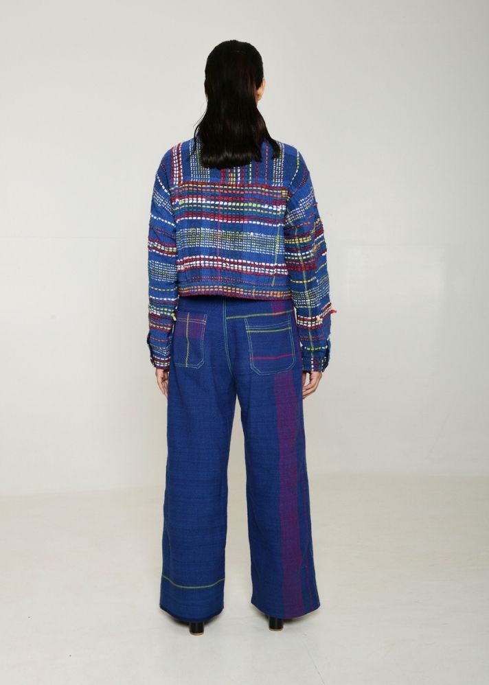 A Model Wearing Multicolor Handwoven Cotton Recycle Hana Jacket, curated by Only Ethikal