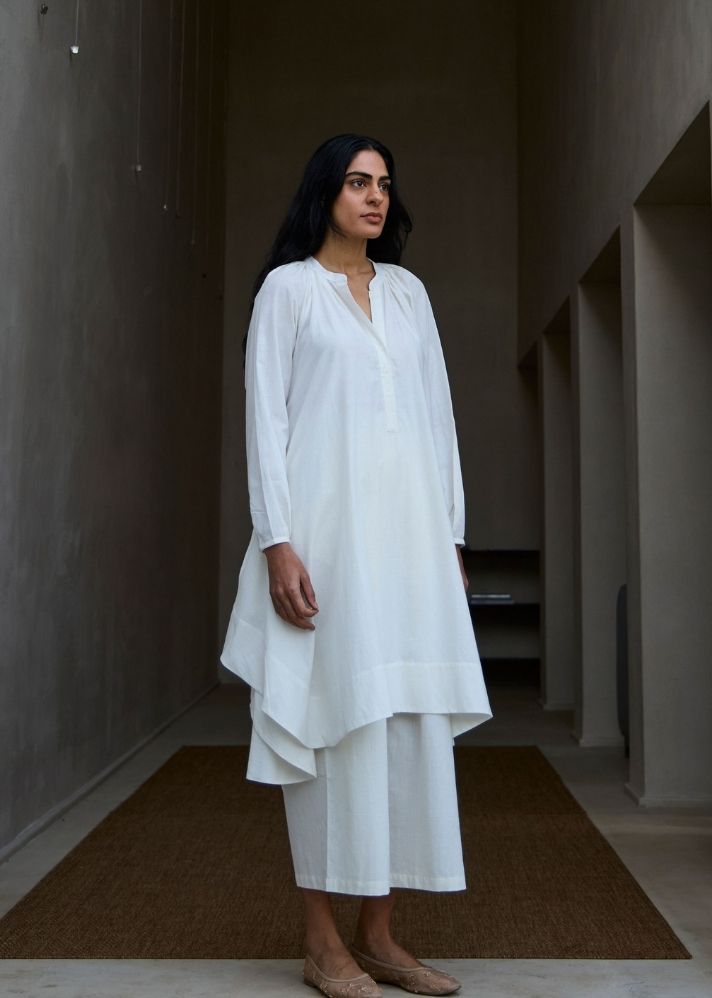 A Model Wearing White Cotton Khadi Woodstock Milk Set , curated by Only Ethikal