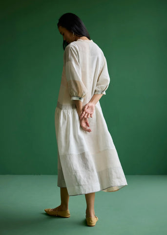 Nura Metallic Linen Paneled Dress- Ivory