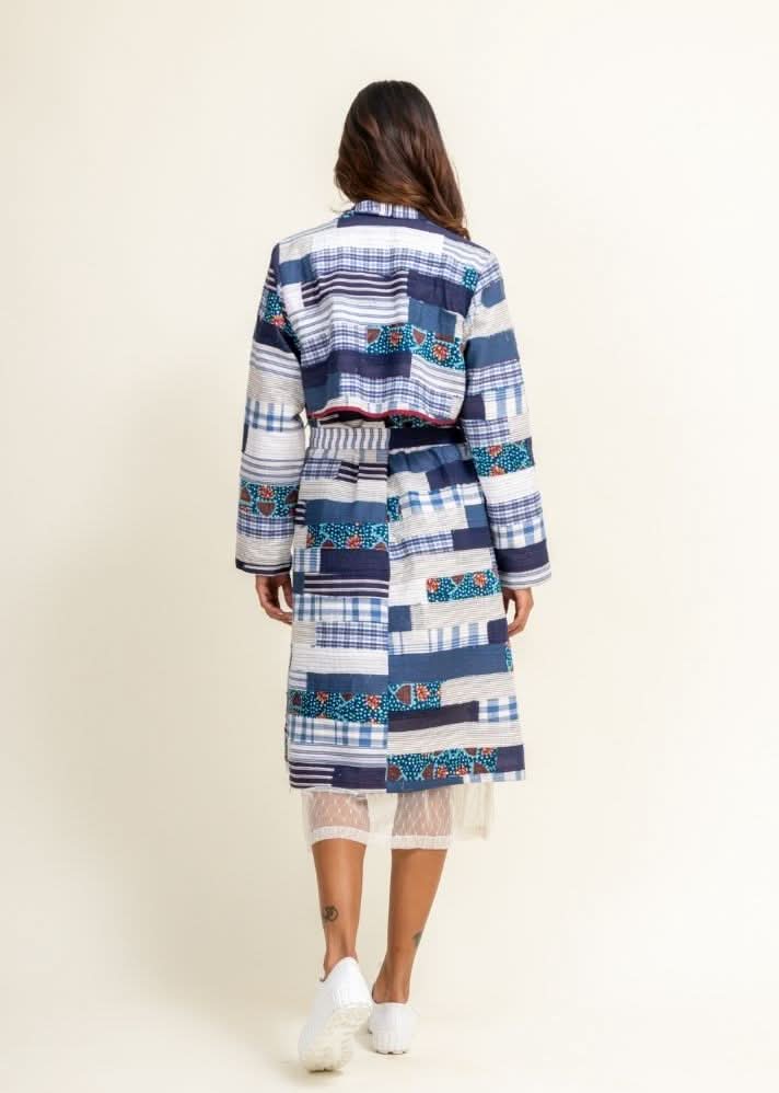 A Model Wearing Multicolor Upcycled Cotton Sky Patchwork Trench, curated by Only Ethikal