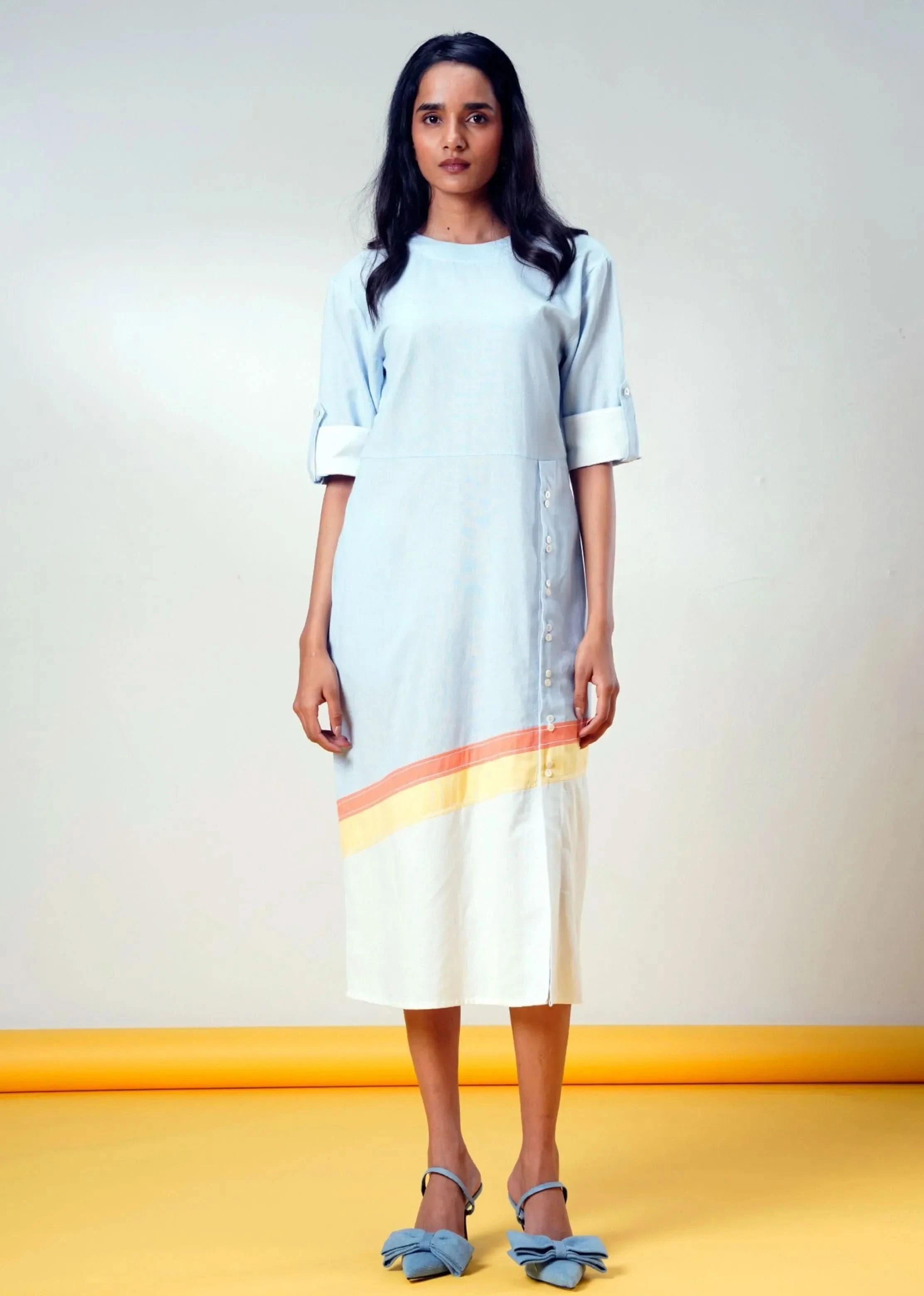 A Model Wearing Multicolor Handloom Cotton  Horizon Glow Handloom Cotton Dress, curated by Only Ethikal