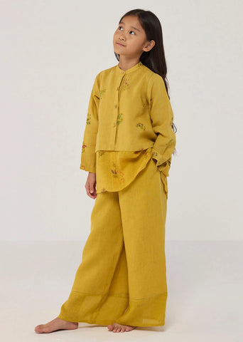 A Model Wearing Yellow Linen Kids Leina A- Line Linen Co-Ord Set- Ochre, curated by Only Ethikal