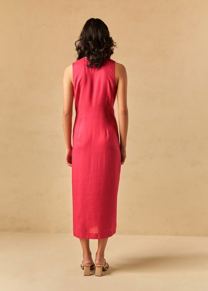 A Model Wearing Red Organic Cotton Sundown fitted lyocell dress, curated by Only Ethikal
