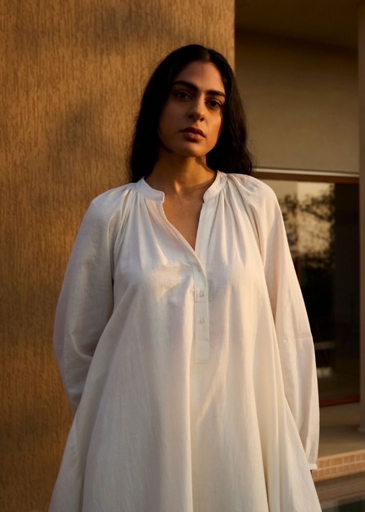 A Model Wearing White Cotton Khadi Woodstock Milk Set , curated by Only Ethikal