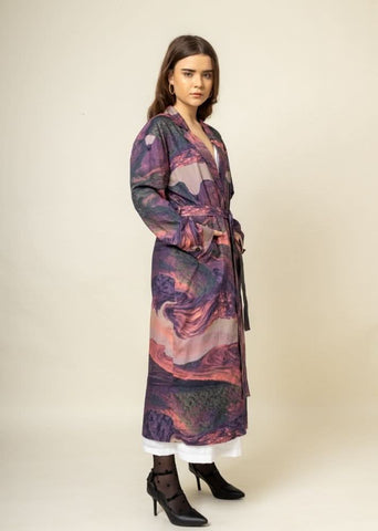 A Model Wearing Multicolor Upcycled Cotton Amelia Printed Trench, curated by Only Ethikal