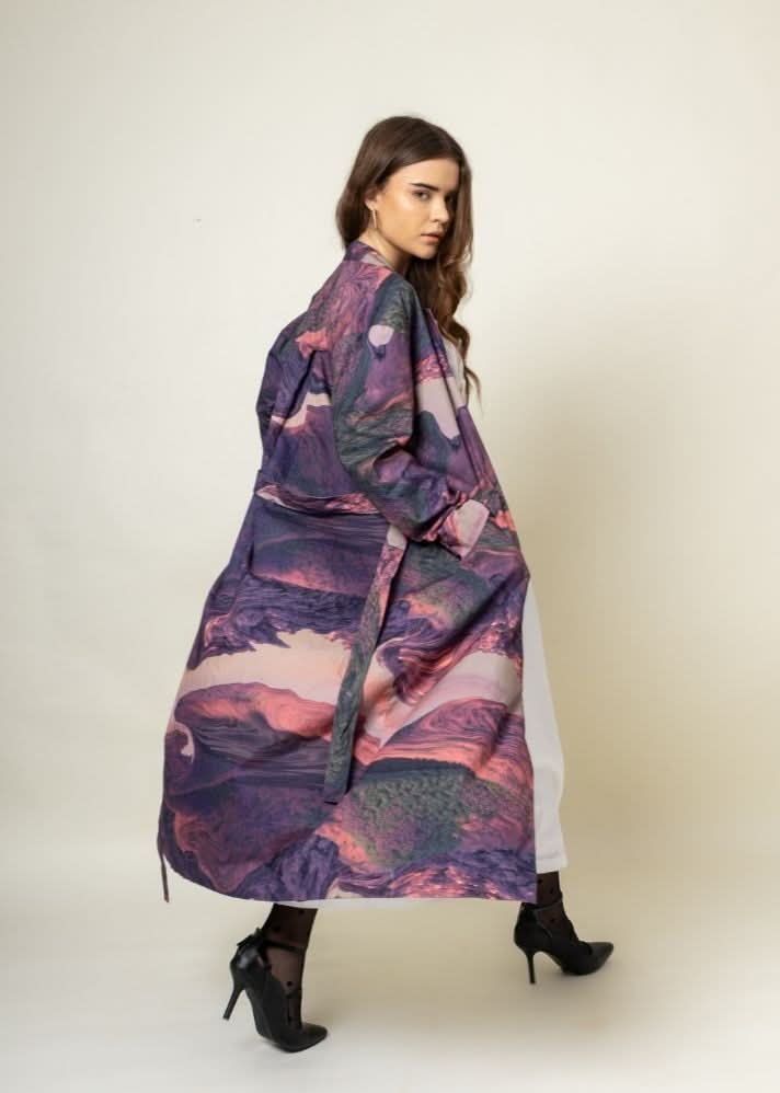 A Model Wearing Multicolor Upcycled Cotton Amelia Printed Trench, curated by Only Ethikal