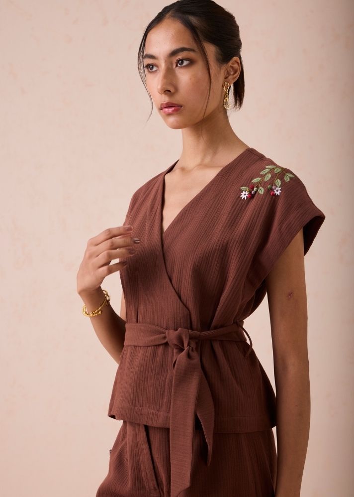 A Model Wearing Brown Organic Cotton The Berry Bright Everyday Organic Cotton Wrap Top, curated by Only Ethikal
