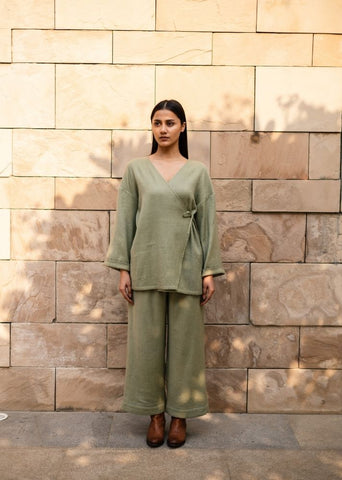 A Model Wearing Green Wool Pansy Top- Green, curated by Only Ethikal