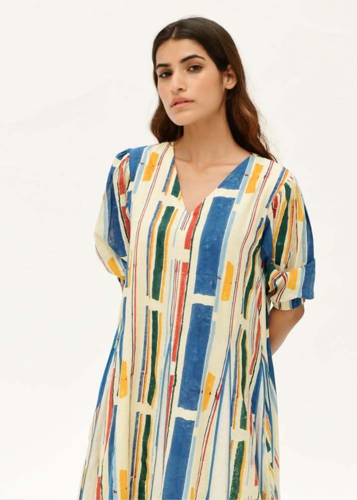 A Model Wearing Multicolor Organic Cotton Ftl Panelled Dress , curated by Only Ethikal