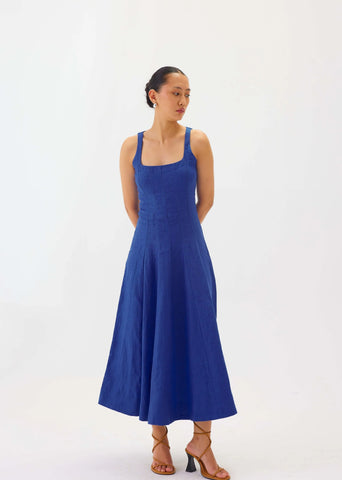 Linen Blue Square-Neck Flare Midi Dress