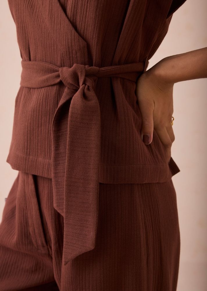 A Model Wearing Brown Organic Cotton The Berry Bright Everyday Organic Cotton Wrap Top, curated by Only Ethikal
