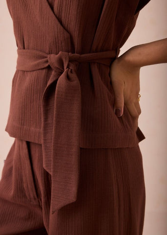 A Model Wearing Brown Organic Cotton The Berry Bright Everyday Organic Cotton Wrap Top, curated by Only Ethikal