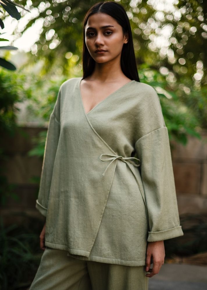 A Model Wearing Green Wool Pansy Top- Green, curated by Only Ethikal