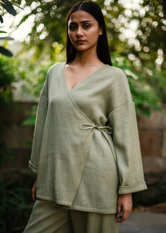 A Model Wearing Green Wool Pansy Top- Green, curated by Only Ethikal